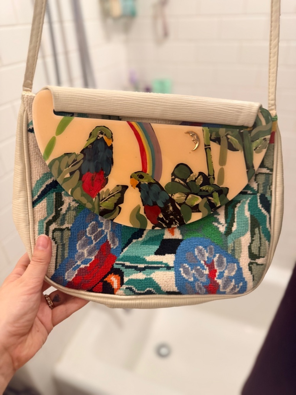 Mary Frances Handcrafted Parrot Tapestry & Enamel Flap Bag –Rare Collector Piece